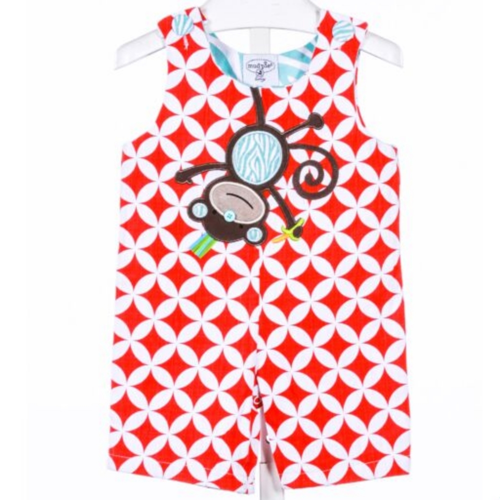 MUD PIE RED PRINT APPLIQUED JON JON/ SHORTALL WITH MONKEY 9-12 months